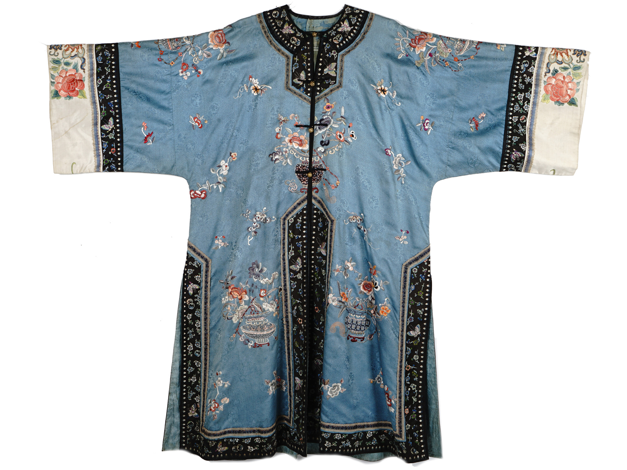 ANTIQUE CHINESE LONG BLUE SILK EMBROIDERED ROBE PIC-1